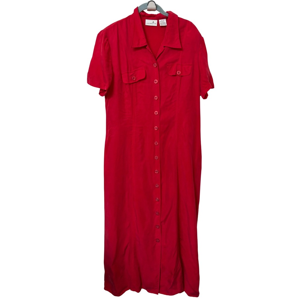 90s Liz Claiborne Red Rayon Button Front Tie Back Shirt Dress Vintage Womens 12